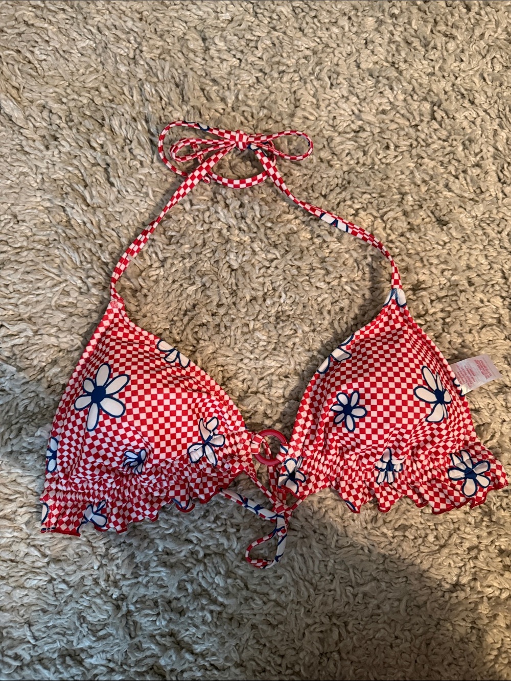 Red Checkered Floral Ruffle Halter Swim Top - Women’s